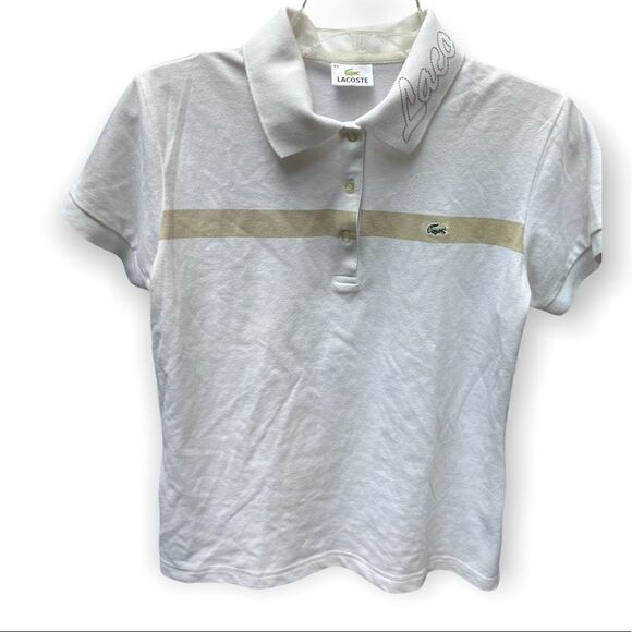 LACOSTE SLIM FIT LETTERED COLLAR SINGLE STRIPE POLO SHIRT WHITE/TAN S - Picture 7 of 13